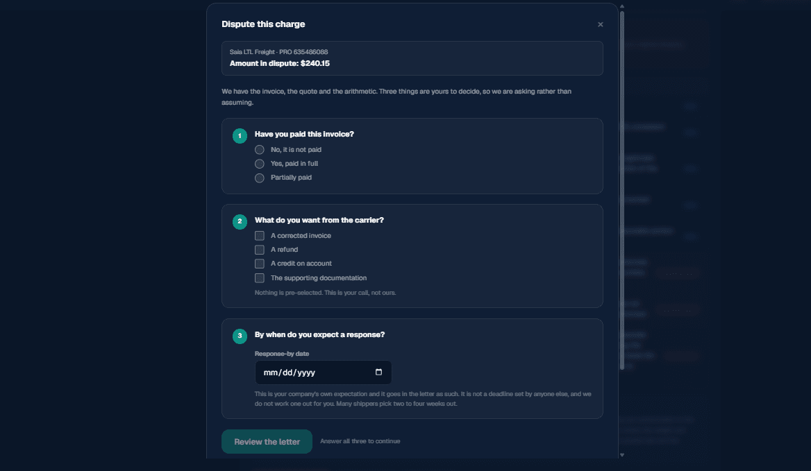 Demo data shown. LanePilot's dispute setup screen for a Saia LTL Freight charge, showing three unanswered questions (payment status, requested remedy, and expected response date) with nothing pre-selected, and a disabled Review the letter button until all three are answered.