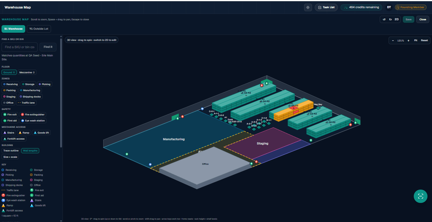Demo data shown. LanePilot's Warehouse Map in 3D view: an isometric warehouse floor with teal rack rows, one rack highlighted orange and red as a search match, zones labeled Manufacturing, Staging and Office, and readable bin codes on the racks. A left panel carries a find a SKU or bin search, floor and zone filters, safety and mezzanine markers and a key, with a tab for a second location, Y1 Outside Lot.