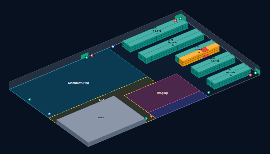 LanePilot's 3D warehouse map showing racks in teal, one rack highlighted in orange and red from a bin search match, zones labeled Manufacturing, Staging and Office, and rack height rendered as shelf levels.