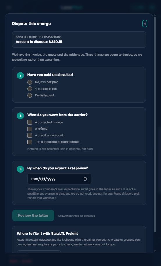 Demo data shown. LanePilot's dispute setup screen for a Saia LTL Freight charge, showing three unanswered questions (payment status, requested remedy, and expected response date) with nothing pre-selected, and a disabled Review the letter button until all three are answered.